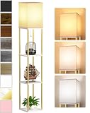 Floor Lamp with Shelves, Modern Corner Display Standing Column Shelf Lamp Etagere Organizer Tower Nightstand with White Linen Shade for Living Room, Bedroom and Office, Marble White and Gold Poles