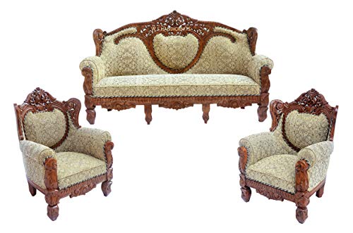 Image of Wooden 5 Seater Sofa Set, Solid Wood Sofa | 3+1+1 Natural Brown Finish with Fabric Seating | Traditional Design Furniture for Living Room, Home, Office