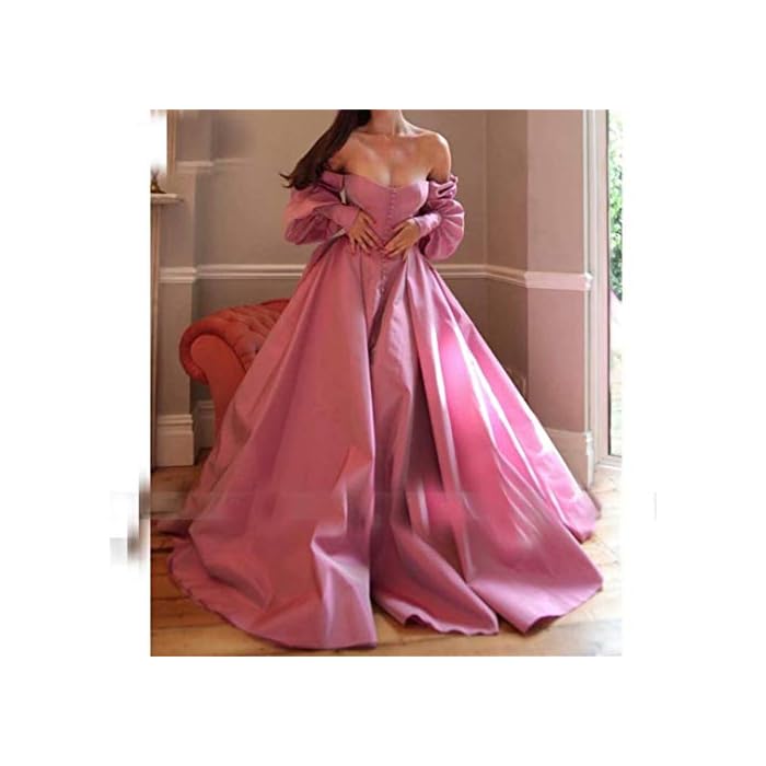 CCBubble Women Long Puffy Sleeve Prom Dresses 2021 Slit Satin Evening