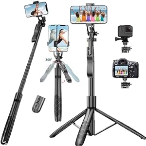 Selfie Stick Phone Tripod for iPhone – 60″ Extendable Cell Phone Tripod Remote for iPhone Android Camera Gopro 360° Rotating Travel Tripod Stabilizer Phone Stand Holder for Pictures Video Record Vlog