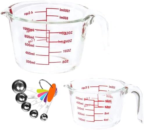2 Pcs Glass Measuring Cup Set 34 OZ and 17 OZ + 5 Measuring Spoons, Glass is Safe for Microwave, Freezer, no BPA by TIBLEN