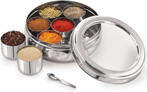 See Through Stainless Steel High Grade Spice Container 7 Containers and Small Spoon See Through Masala Box Indian Masala Dabba | Stainless Steel Spice Box Indian with Transparent Lid (Plain Medium)