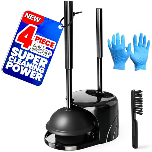 Denvlex 4-Piece Toilet Brush and Plunger Set, Extended Handle Plunger,Toilet Bowl Brush Plunger Set,Bathroom Cleaning Tools,Cleaning Brush,Cleaning Supplies,Toilet Brush Plunger Combo,Black（20inch）