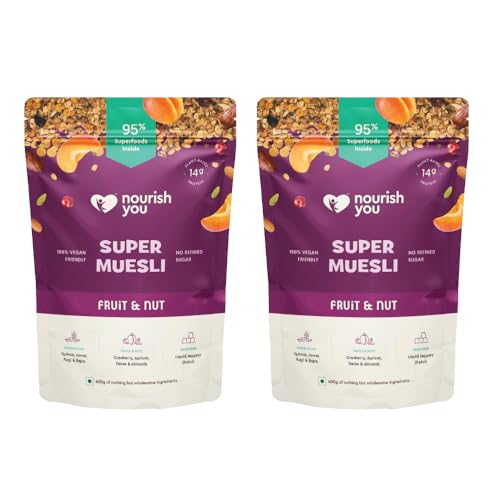 Image of Nourish You Super Muesli Fruit & Nut 400g Pack x Pack of 2 | Whole Grain Muesli with Rolled Oats, Quinoa, Ragi | Kakvi Natural Sweetener | High Fiber & Protein Cereal | Gluten Free Healthy Breakfast