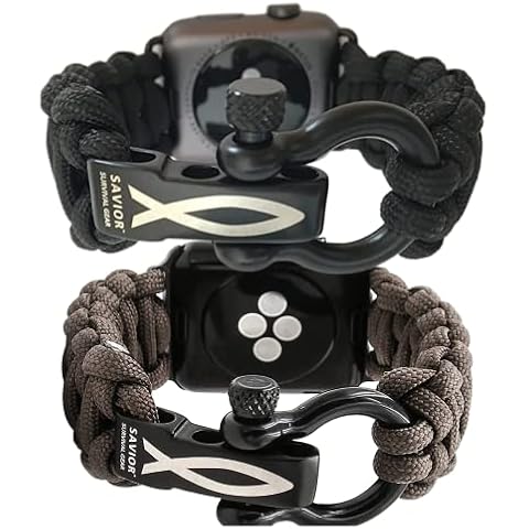 Savior Survival Gear Paracord Watch Band (2 Pack) Compatible with Apple Watch & iWatch Bands Series 42mm 44mm 45mm, 550 Paracord & Stainless Steel Shackle, Adjustable Straps, Gray & Black, Large Cover