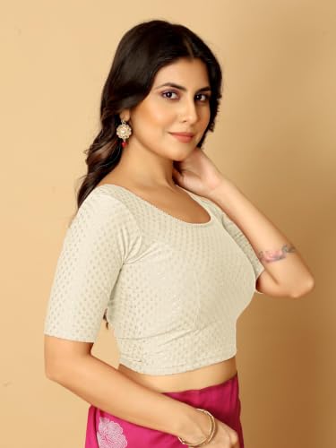 Image of Amazon Brand - Anarva Round Neck Dobby Cotton Lycra Stretchable Elbow Half Sleeve Readymade Saree Blouse for Women Stylish