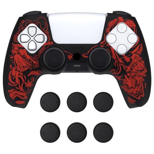 PlayVital Silikon Hülle für ps5, Dockable Schutzhülle Hülle Case Griffe Skin mit 6 Joystick-Kappen für ps5 Wireless Controller Passend zur Ladestation(Samurai Prajna-Rot)