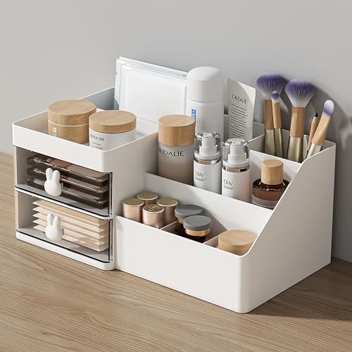 White Makeup Organizer with Drawer - Office Desktop Storage Box, Cosmetic Brush Holder, Mini Desk Organizer for Office, Vanity, Bathroom & Bedroom White Makeup Organizer with Drawer - Office Desktop Storage Box, Cosmetic Brush Holder, Mini Desk Organizer for Office, Vanity, Bathroom & Bedroom