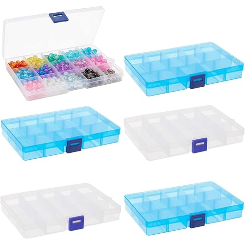 Image of Bright Creations Jewelry Organizer Box - Plastic Grid Compartment Box with Customizable Dividers & Label Stickers - Bead Storage & Craft Storage Organizer - 6-Pack, Clear & Blue, 7 x 4 x 1 in