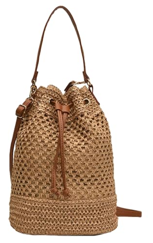 Womens Straw Bucket Bags Small Beach Shoulder Crossbody Purse Handmade Woven Totes Summer Drawstring Handbags