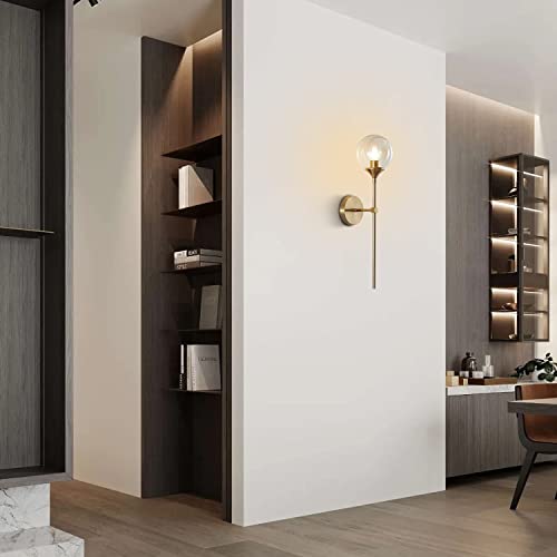 Kco Lighting Brushed Brass Gold Wall Mounted Sconce Mid Century Modern Wall Light Fixture Vintage Long Wall Lamp Amber Glass Wall Sconce Lighting Globe Round Wall Light (Amber) #TOP4