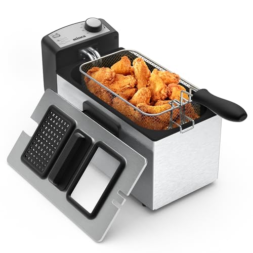 minca 1500W Electric Deep Fryer, 3 Liter Immersion Frying Basket with Heat-insulated Foldable Handle, Removable Lid with Odor Filter and Viewing Window, Adjustable Temperature, Stainless Steel