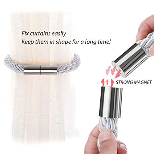 NICEEC 2 Pack Strong Magnetic Curtain Tiebacks Modern Simple Style Drape Tie Backs Convenient Decorative Weave Rope Curtain Holdbacks for Thin or Thick Home & Office Window Draperies (Light Grey)