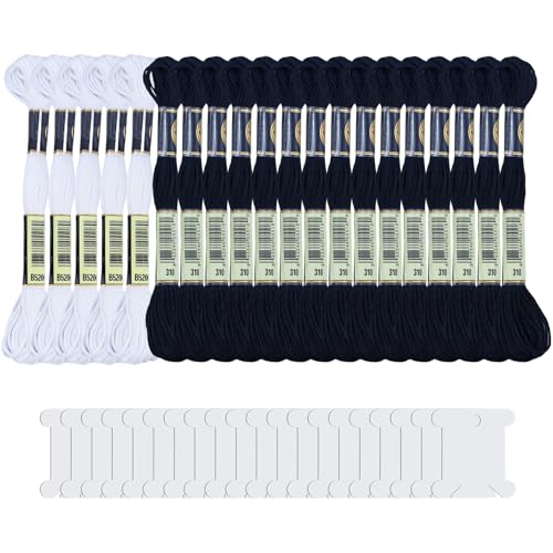 20 Pièces Blanc Fils de Broderie Noirs avec 20 bobines de Soie, Fil à Broder de Point de Croix Noirs de Couture en Coton Fils à Coudre pour Tricot (Noir &...