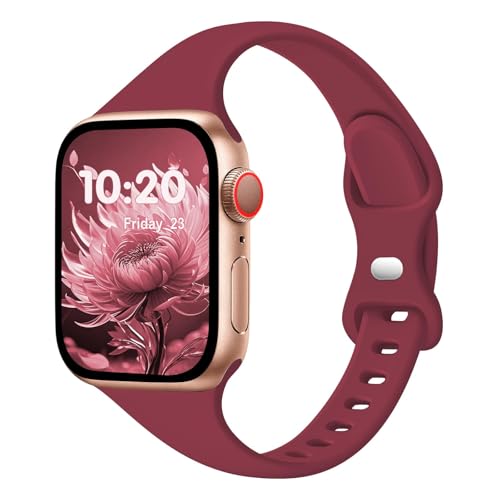 Image of Slim Band Compatible with Apple Watch Bands 38mm 40mm 41mm 42mm 44mm 45mm 46mm 49mm for Women Men,Soft Thin Narrow Silicone Sport Strap Wristbands for iWatch Series 11 10 9 8 7 6 5 4 3 2 1 SE Ultra Wine Red