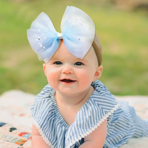 Baby Girls Tulle Bow Elastic Headband Newborn Gauze Bow-knot Stretchy Hair Band with Crystal Birthday Party Hair Bow Ribbon Accessories for Toddler Infant (Bow 2 - Blue, elastic)2