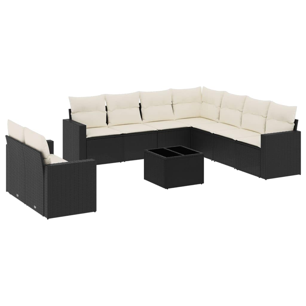Juego de 10 sofás de jardín con cojines de poliratán negro, diseño modular con espacio de almacenamiento y bolsa impermeable, tablero de cristal templado, fundas extraíbles y lavables