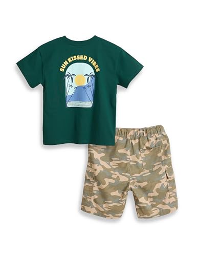 Image of Amazon Brand - Symbol Boy's Graphic Print Oversized Fit T-Shirt and Cargo Shorts (KD-TSB-SS25-10 (6-14 yrs) Green + Khaki Camo 10-12 Y)