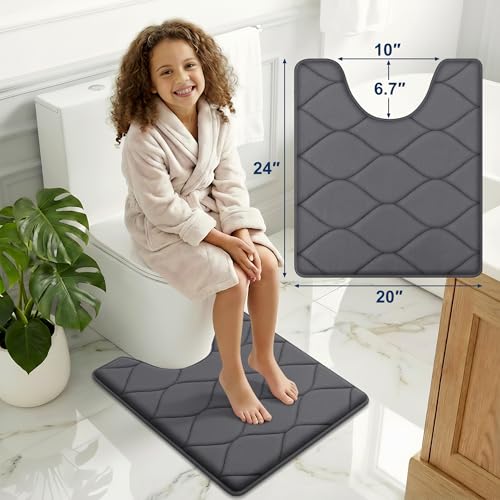 Image of Smiry Memory Foam U-Shaped Toilet Mat 24x20, Soft Absorbent Toilet Rugs | Dark Grey, Plush Quick Dry and Machine Washable Cushion Contour Rug for Toilet, Shower, Tub & Home Decor
