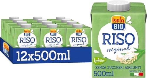 ISOLA BIO Bevanda Biologica di Riso, 100% Ingredienti Naturali, Senza Zuccheri Aggiunti, Senza Glutine, a Basso Contenuto di Grassi, adatto a Vegetariani e Vegani, 12 Confezioni da 500 ml
