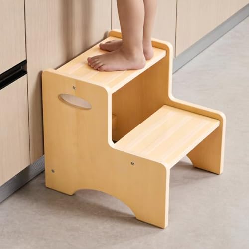 Wooden Toddler Step Stool for Kids Two Step Stool with Non-Slip Pads & Handles Potty Training Stool for Bathroom Sink Toilet Kitchen Bedroom (Natural)