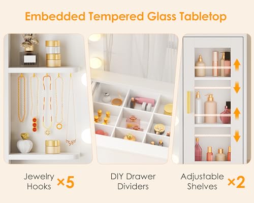 ANWBROAD Grande Tocador con Espejo y Luces LED Regulables Tocador de Maquillaje con Vidrio y Enchufes,Mesa de Maquillaje con 8 cajones 3 estantes Abiertos y 5 Ganchos para Joyas Moderno Blanco BDT88W - imagen 5