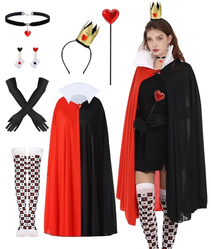 EchoElce 7 Pcs Queen Heart Accessories with Red and Black Cape Gloves Stockings Earrings Queen Crown Heart Wand and Collar for Adult Women Halloween Cosplay