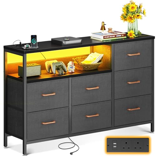 Coleshome Chest of Drawers Bedroom, with Colour Changing LED Strip and 2 USB & 2 AC Ports Sockets, Dresser with 7 Fabric Drawers Suitable for Bedrooms, Living Rooms, 132 * 30 * 89cm, Black