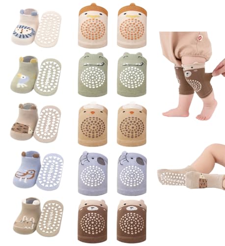 Baby Crawling Knee Pads and Socks with Anti-Slip Grips 10 Pairs Unisex Baby Toddler Nonslip Kneepads & Ankle Socks
