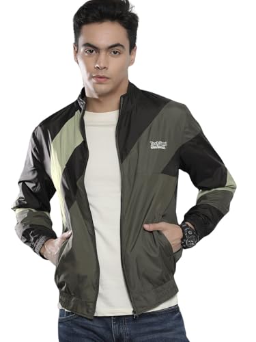 Image of The Indian Garage Co Men Black Regular Fit Placement Print Standup Collar WindCheater (Black XL)