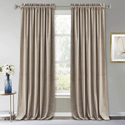 Image of RYB Home Camel Beige Velvet Curtains & Drapes - Energy Efficiency Soft Half Blackout Window Curtains for Bedroom Living Room Backdrop Patio Door, 52 Width x 84 inch Length, 1 Pair | Thermal Insulated, Privacy, Sunlight UV Heat Blocking, Luxurious Decor, Dining Room Nursery, Rod Pocket, W52 x L84, 2 Panels