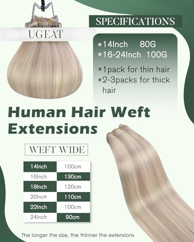 Image of Ugeat Weft Hair Extensions Human Hair 24 Inch, Sew in Weft Hair Extensions Human Hair 100g, Hair Weft Extensions Ash Blonde Highlights Bleach Blonde, Easy Wash