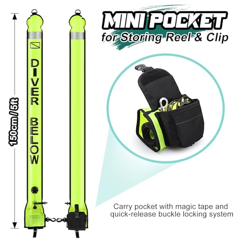 Image of Surface Marker Buoy Scuba with Reel, 5ft High Visibility Diving Open Bottom Signal Tube Safety Sausage with Pouch Bag, 100ft ABS Dive Reel and Steel Double-Ended Bolt Snap (Hi-Vi Yellow)