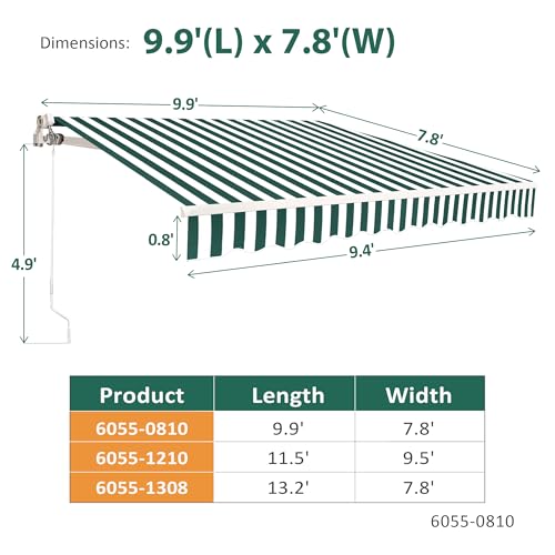MCombo 9.9x7.8 Feet Manual Retractable Patio Door Window Awning Sunshade Shelter Outdoor Canopy,0810 (Green with White Stripes, 9.9\'(L) x 7.8\'(W))