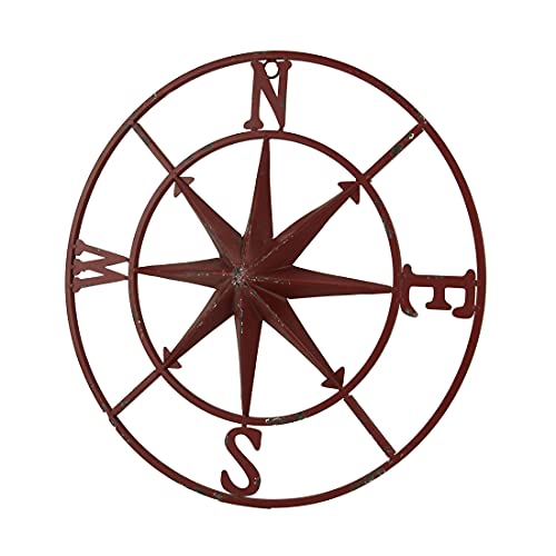 PD Home & Garden Distressed Metal Nautical Compass Rose Indoor/Outdoor Wall Hanging - Red