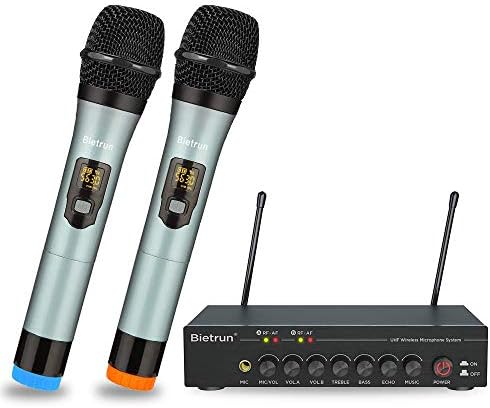 Bietrun Wireless Microphones with Echo, Easy-to-Use, Auto Connect, 160 ft Range, 1/8''＆1/4''Output, UHF Dual Channel Cordless Handheld Dynamic Mics System for Church,Wedding, Karaoke, Speech, Singing