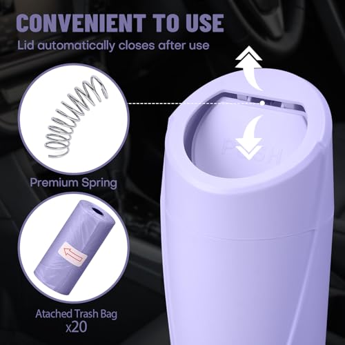Image of Car Trash Can Bin with Lid - Car Garbage Can Cup Holder - Light Purple Mini Leakproof Vehicle Garbage Bin with 20pcs Trash Bags-Automotive Organizers and Storage for Front Back Seat Accessories