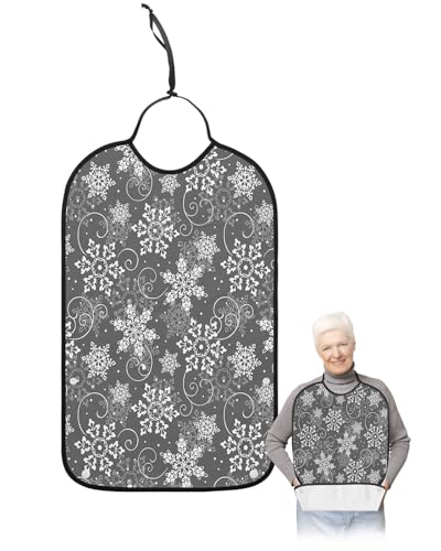Jolunifun Classic Snowflake Adult Bib for Adults Men, Women, Washable & Adjustable Terry Cloth Bib with Crumb Catcher Reusable Waterproof Clothing Clothes Protector Apron Grey Merry Christmas Holiday