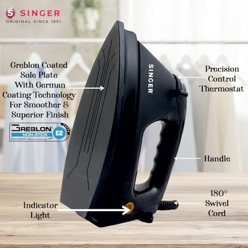 Image of SINGER Shakti Press Heavy Weight Dry Iron with 2 Year Warranty | 1000W Power | 1.6 Kg Heavy Body | Double Coated Sole Plate | Adjustable Temperature Control | 180 Swivel Cord | ISI Certified
