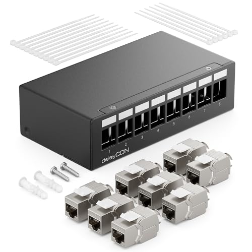 deleyCON 8 Port CAT7 Patchpanel Set mit 8x CAT.7 RJ45 Keystone Jack Modul STP 10 Gbit/s - Verteilerfeld Kompatibel mit Verlegekabel CAT6 CAT6a CAT7 CAT8 Ethernet LAN DSL Netzwerkkabel - Schwarz