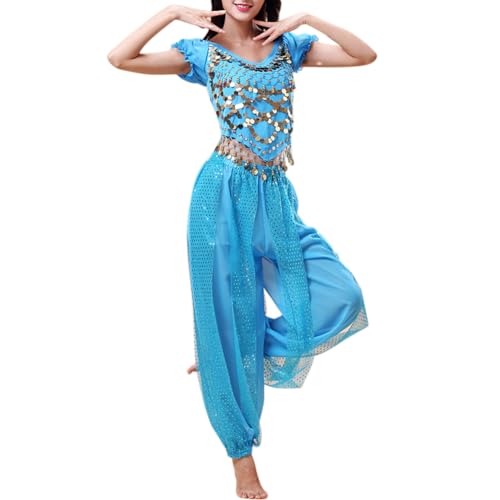 Top a manica corta con design a cravatta posteriore per una migliore vestibilità, pantaloni harem elastici in vita con sovrapposizione di tulle con paillettes lucide, apertura delle gambe elasticizzata.