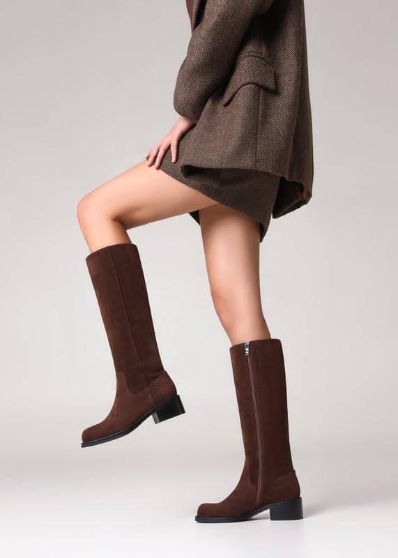 Image of ZJA Knee High Boots Square Toe Boots Low Heel Flat Long Boots for Women Dress Chunky Comfortable Tall Boots