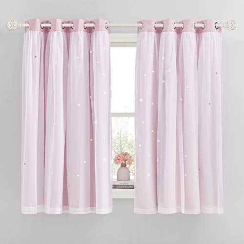 NICETOWN Pink Kids Curtains for Girls Bedroom, Nursery Star Hollow Out Blackout and Sheer Window Treatments with Grommet Top for Thanksgiving, 52 x 63