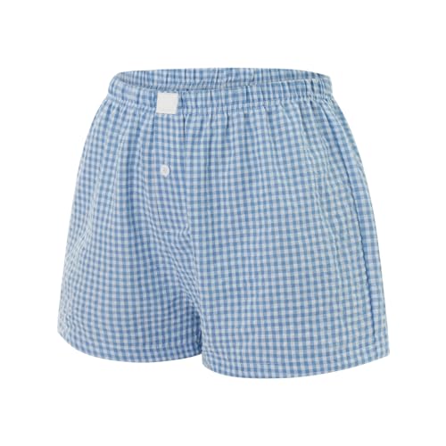 NUFIWI Women Y2k Pajamas Shorts Gingham Cute Pj Short Pants Plaid Lounge Shorts Sleep Bottoms Elastic Boxers Streetwear(Plaid Blue,M) - Thumbnail 3
