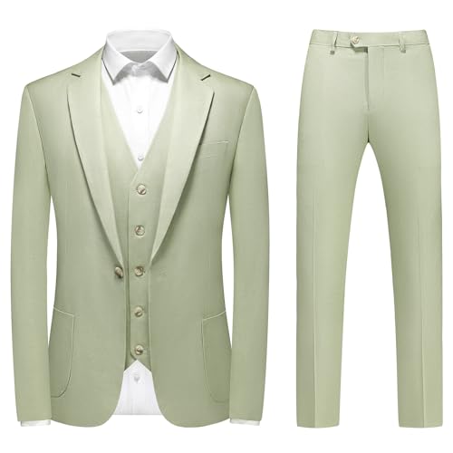 KUDORO Linen Suit for Men Slim Fit 3 Piece Summer Beach Wedding Tuxedo Suit Jacket Vest Pants Set