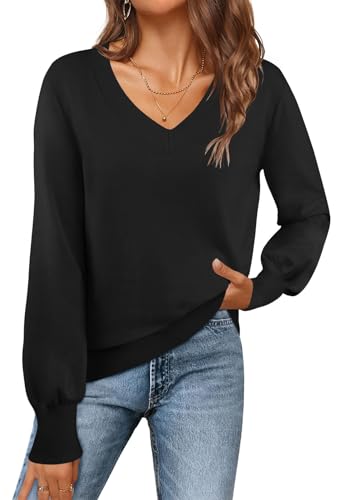 MEROKEETY Women's 2025 Fall Long Sleeve Sweater V Neck Winter Tops Casual Lightweight Knit Pullover Shirts, Black, L