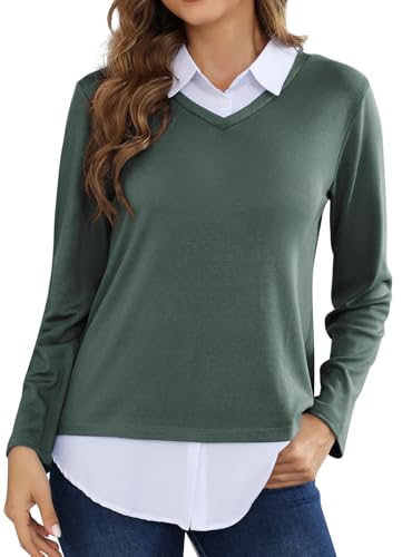 MISS FORTUNE Women's V-Neck Fall Winter Sweater Collar 2 in 1 Casual Long Sleeve Patchwork Office Pullover Shirts 2025