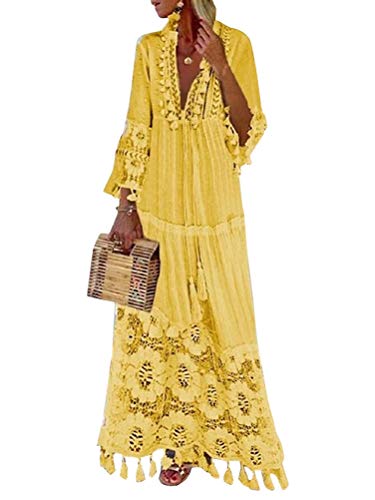 Minetom Robe Maxi Longue Femme Élégant Robe de Soiree Party Plage Boho Grande Taille Floral Dentelle Col V Manches 3/4 Sundress Jaune 44