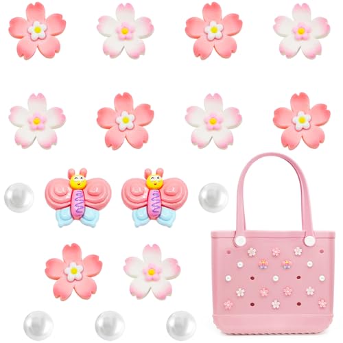 Charms for Bogg Bag, 17 Pcs Cherry Blossoms and Bees for Bogg Bag Accessories, Compatible with Women Rubber Beach Bag Tote Handbag Decoration