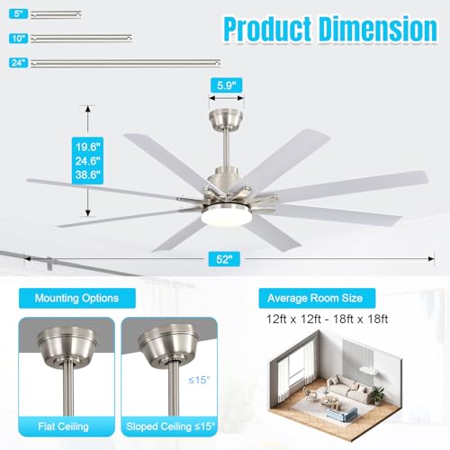 Image of Sofucor 52 Inch Ceiling Fans with Lights, White Indoor /Outdoor Ceiling Fan with Remote, Quiet DC Motor, 6 Speed, 3CCT, ABS 8 Blades Modern Ceiling Fan Light for Bedroom, Living Room, Farmhouse, Patio